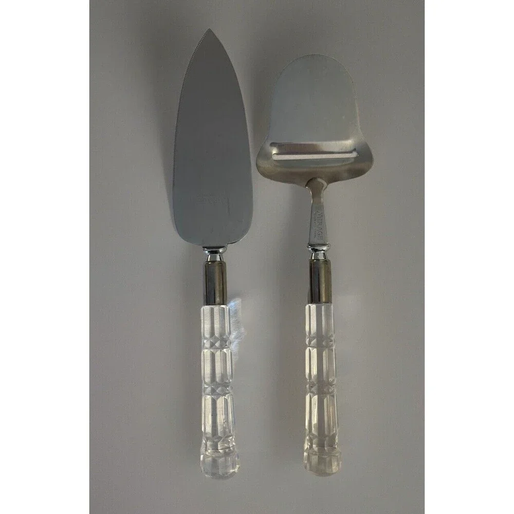 Mirage Stainless Steel Cheese & Cake Pie Serving Knives Lucite Handle '60 VTG